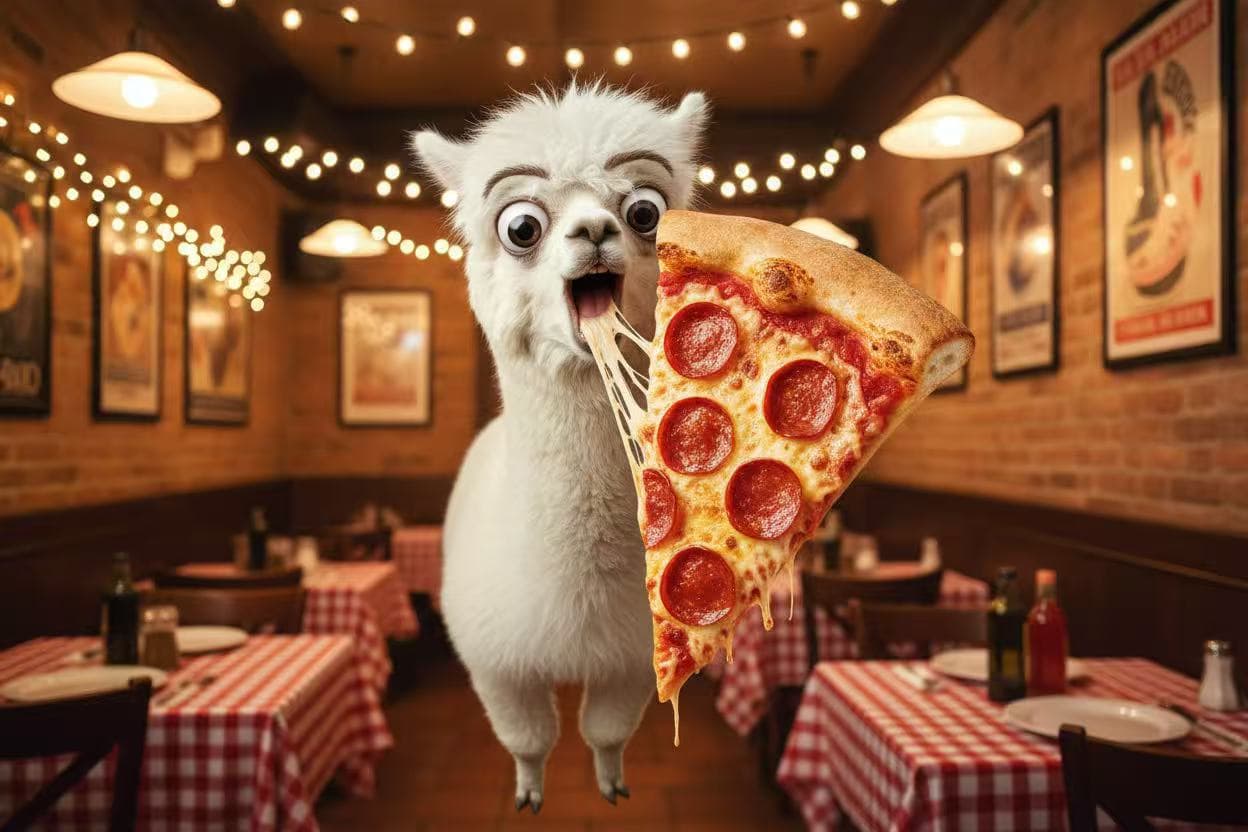 A llama with a surprised expression eating pizza